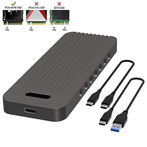 QNINE M.2 NVME SSD Enclosure, NVME to USB 3.0 Adapter with Case, M2 SSD Key M to USB C Enclosure with Cable, M.2 NVME PCIe SSD to Type C External Enclosure, Support 2230 2242 2260 2280