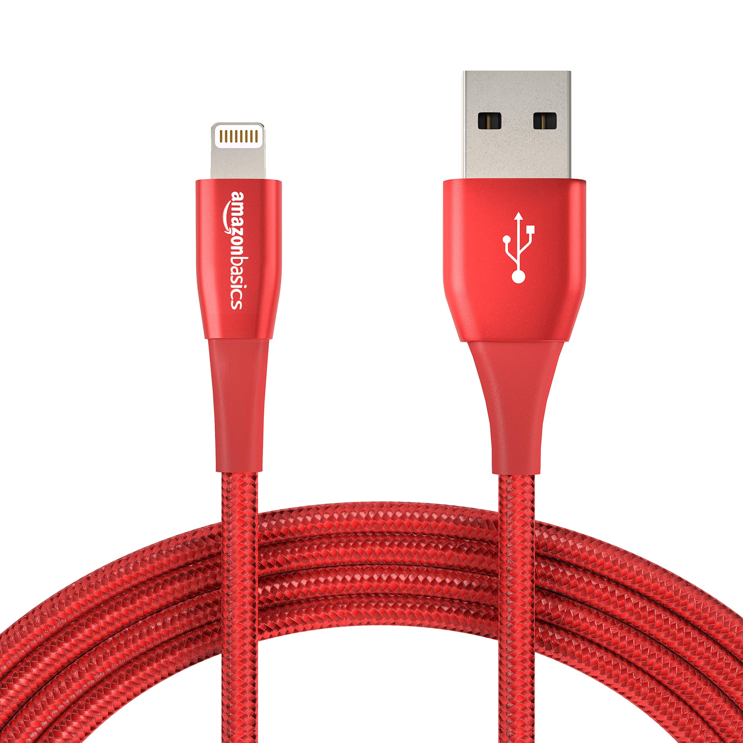Amazon Basics Double Nylon Braided USB A Cable with Apple Lightning Connector, Premium Collection - 10-Foot, 12-Pack - Red Red 12-Pack 10-Foot Cable