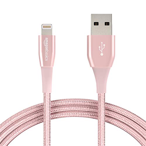 Amazon Basics Double Nylon Braided USB A Cable with Lightning Connector, Premium Collection, MFi Certified Apple iPhone Charger, 6 Foot, 2 Pack, Rose Gold