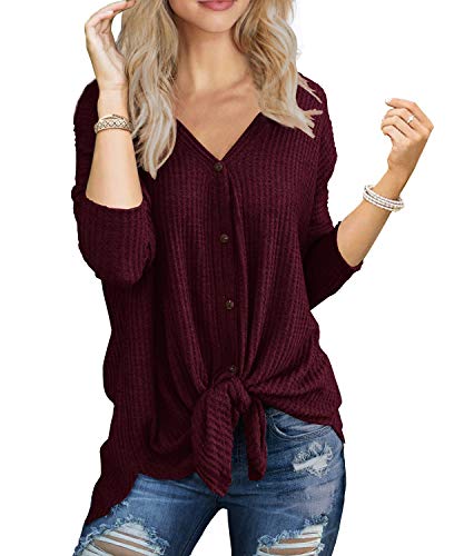 IWOLLENCE Womens Waffle Knit Tunic Blouse Tie Knot Henley Tops Loose Fitting Bat Wing Plain Shirts