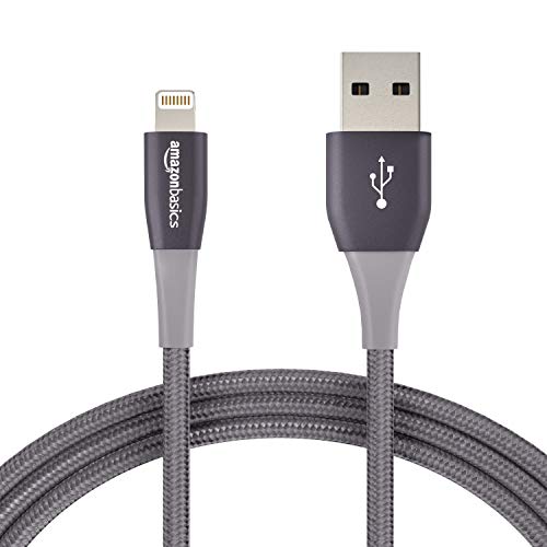 Book Cover AmazonBasics Double Nylon Braided USB A Cable with Lightning Connector, Premium Collection, MFi Certified Apple iPhone Charger, 6 Foot, Dark Grey
