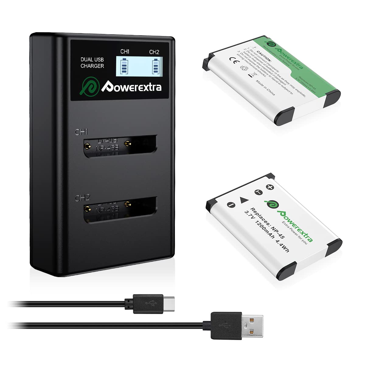 Powerextra NP-45 NP-45S Replacement 2 x Batteries and LCD Charger Compatible with Fujifilm INSTAX Mini 90 FinePix XP20 XP30 XP 60 XP70 XP80 XP90 XP120 XP130 XP140 T360 T400 T500 T510 T550 T560 2 batteries and 1 LCD USB charger