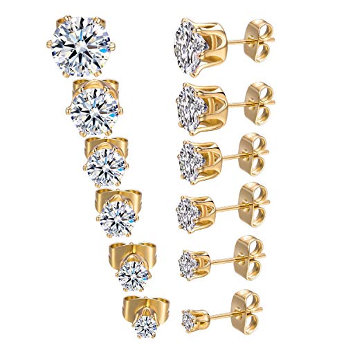 18K Yellow Gold Plated Round Cubic Zirconia Stud Earrings Pack of 6