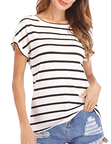 Book Cover Haola Women's Tops Striped/Solid Short Sleeve Blouse Scoop Neck/V Neck T-Shirt Casual Slim Fit
