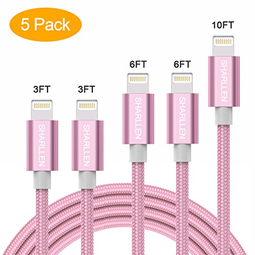 SHARLLEN Phone Cable 5Pack [3/3/6/6/10FT] Nylon Braided USB Charging & Syncing Extra Long Cord Compatible iPhone X/8/8 Plus/7/7 Plus/6s/6s Plus/SE/iPad iPod Nano (Rose Gold)...