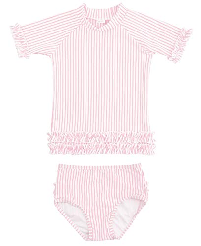 RuffleButts® Baby/Toddler Girls Rash Guard Short Sleeve 2-Piece Swimsuit Set - Polka Dot Bikini with UPF 50+ Sun Protection