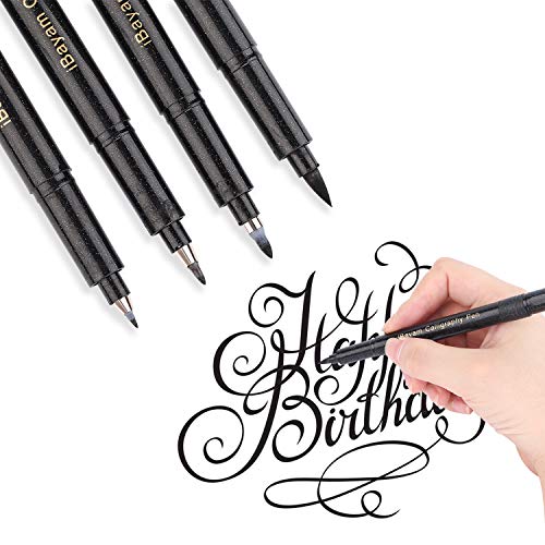 Hand Lettering Pen, 4 Sizes Black Calligraphy Pens Brush Markers Set for Beginners Signature Writing Art Drawing Illustration Sketching Bullet Journaling, Planner, Design, Refillable