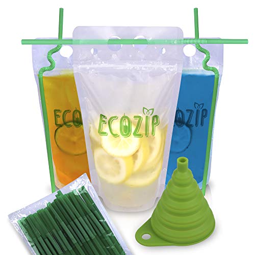 Book Cover Eco 100pcs Ziplock Drink Pouch Set with Straws - Stand-up Reusable Smoothie Bags w/Gusset Bottom - Great for Frozen & Hot Drinks + Juices - Non-Toxic, BPA & Phthalate Free - Bonus Funnel Included