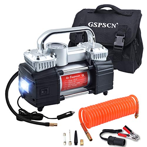 Book Cover GSPSCN Silver Dual Cylinder 12V Air Compressor Pump for Car, Heavy Duty Portable Tyre Inflator 150PSI with LED Work Lights for Auto,Truck,SUV, Balls etc