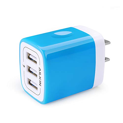 USB Charger Multi Port, Ailkin Micro USB Charger Charging Block USB Wall Plug Travel Charger Outlet Fast Charger Brick USB Charging Block Compatible iPhone iPad, iPhone, and iWatch (Blue/3Port)