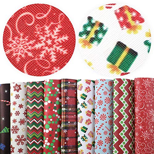 David accessories Christmas Snow Printed Leather Sheets Fabric Canvas Back 9Pcs 8" x 13" (20cm x 34cm) for Making Bags Crafting DIY Sewing Festival Decor (Christmas Pattern A)