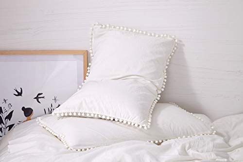 Book Cover Inspirational Pom Pom Fringe Pillow Shams White Pom Fringe Duvet Cover 100% Cotton Throw Pillowcases with Fringe Rolls Queensize Pillow Cover for Wedding Bedding -18.9x29.1 (White)