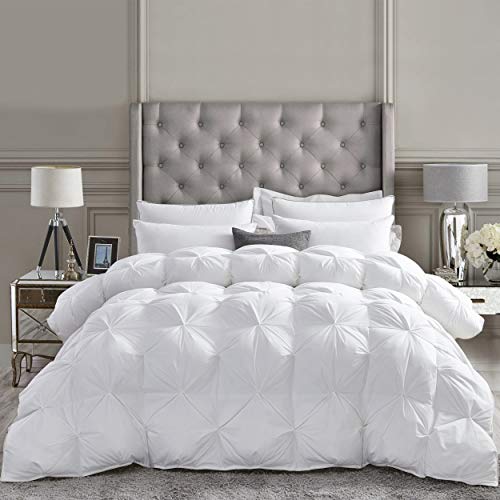 Luxurious All-Season Goose Down Comforter Queen Size Down Fiber Duvet Insert, Exquisite Pinch Pleat Design, Premium Baffle Box, 100% Egyptian Cotton Cover, 55 oz. Fill Weight, White