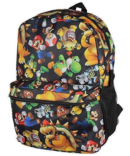 Super Mario All Over Print Black 16" Full Size Backpack