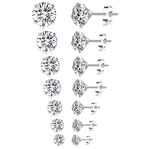 Book Cover Tornito 6-7 Pairs 20G Stainless Steel Stud Earrings Round Square Cubic Zirconia Earring Set For Men Women 2MM-8MM
