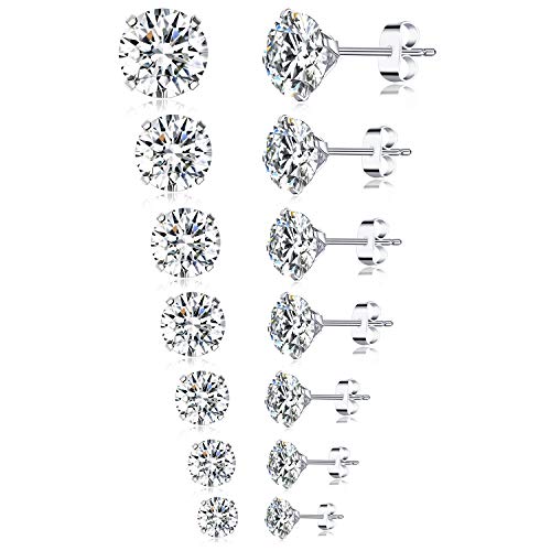 Tornito 6-7 Pairs 20G Stainless Steel Stud Earrings Round Square Cubic Zirconia Earring Set For Men Women 2MM-8MM