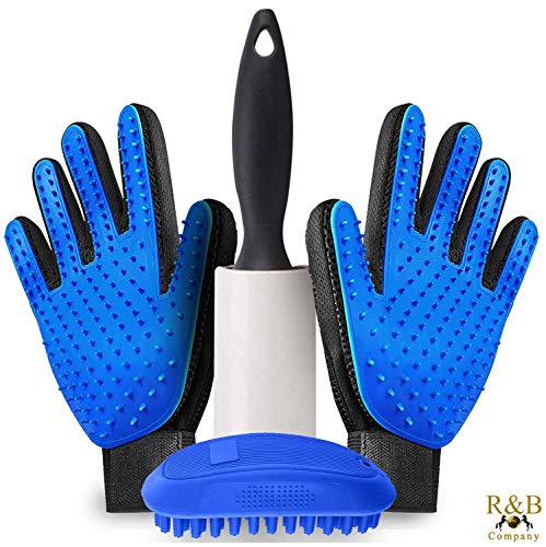 Pet Grooming Gloves Kit- Pair - 50 Sheet Lint Roller - Hand Brush - Hair Remover, Deshedding Dogs, Cats & Horses - Adjustable - RNB Co.