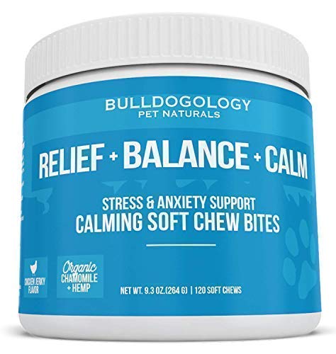 Bulldogology Calming Dog Treats for Stress & Anxiety Relief from Separation, Fireworks, Barking, Travel, Car Rides, Thunderstorms (Chicken Jerky, 120-Count)