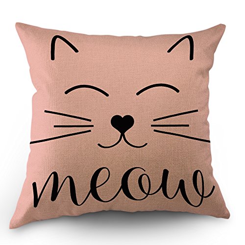 Book Cover Moslion Cat Face Pillows Decorative Throw Pillow Cover Case Cute Cat Smile Meow Cotton Linen Pillow Case 18x18 Inch Square Cushion Cover for Sofa Bedroom Pink