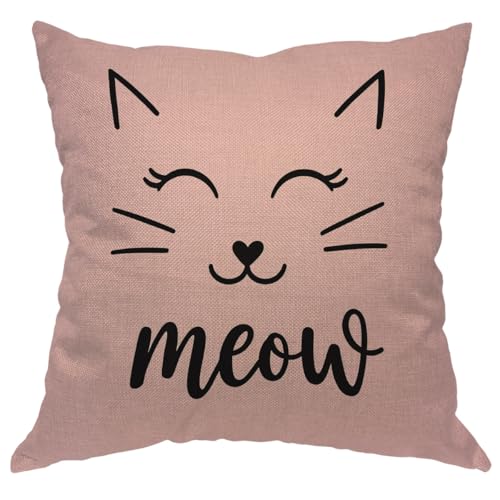 Moslion Cat Face Pillows Decorative Throw Pillow Cover Case Cute Cat Smile Meow Cotton Linen Pillow Case 18x18 Inch Square Cushion Cover for Sofa Bedroom Pink