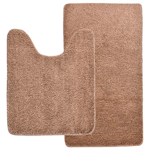 DEARTOWN Non-Slip Shaggy Bathroom Rug,Soft Microfibers Chenille Bath Mat with Water Absorbent, Machine Washable(2 Pieces:Light tan,20x32 OR 20x24U Inches)