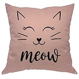Moslion Cat Face Pillows Decorative Throw Pillow Cover Case Cute Cat Smile Meow Cotton Linen Pillow Case 18x18 Inch Square Cushion Cover for Sofa Bedroom Pink