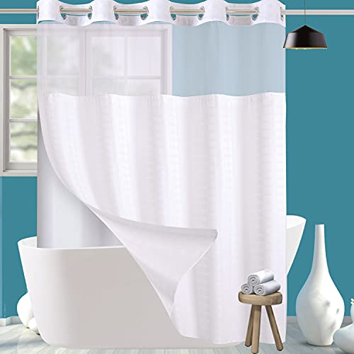 Book Cover Hook Free Shower Curtain with Snap in Liner for Bathroom Waterproof Rust Proof with Flex On Rings Wide Shower Curtain(Check-White,71