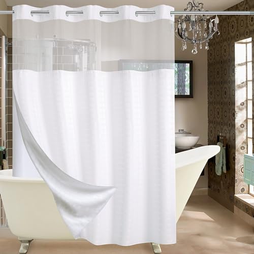 Hook Free Shower Curtain with Snap in Liner for Bathroom Waterproof Rust Proof with Flex On Rings Wide Shower Curtain(Check-White,71" (W) x 74"(H))