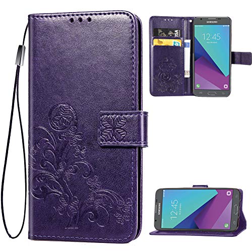 Galaxy J3 2018,J3 Achieve,J3V J3 V 3rd Gen,J3 Star,Amp Prime 3 Case,[Flower Embossed] Leather Wallet Flip Protective Case Cover with Holder and Stand for Samsung Galaxy J3 2018 J337 (Purple)