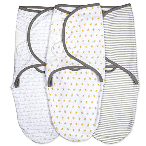 Emma + Ollie Swaddle Blanket Wrap Set of 3, Adjustable Infant Baby Swaddle Wrap Blanket, Grey Gender Neutral Swaddle, Yellow Bee Pattern Swaddle Wrap, for Girl or Boy