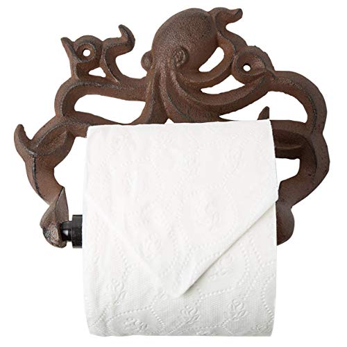 Decorative Cast Iron Octopus Toilet Paper Roll Holder - Wall Mounted Octopus Décor for Bathroom - Kraken, Nautical Bathroom Accessories - Easy to Install with included Screws and Anchors - Rust Brown