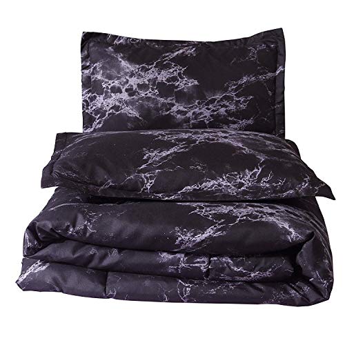 A Nice Night Closure-Printed Marble Ultra Soft Comforter Set Bed-in-a-Bag,Queen (Black-Marble)