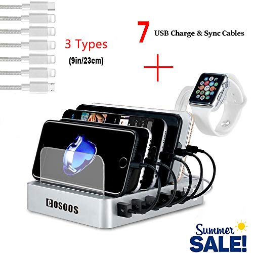 COSOOS Charging Station for Multiple Devices, USB Charger Station with 5 lPhone Charger,1 Type-C,1 Micro Cable,iWatch Stand,6-Port Charging Station for iPhone,iPad,Kindle(Silver White,UL Certified)