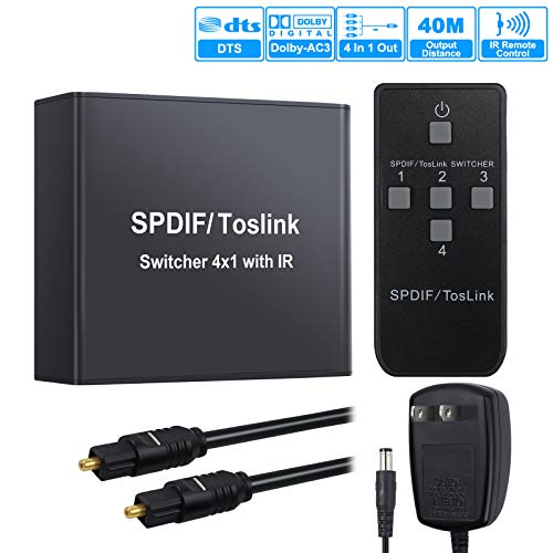 eSynic 4x1 Toslink Switch Digital Optical SPDIF Audio Switcher Box with IR Remote Control Aluminum Alloy Material Supports PCM2.0 DTS Dolby-AC3 - with 6.6ft Optical Cable