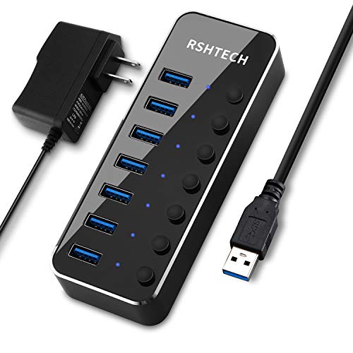 RSHTECH USB 3.0 Hub Powered 7 Port USB Extender Aluminum Splitter with Individual On/Off Switches (7-Ports)