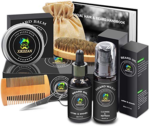 Upgraded 7 in 1 Beard Growth Grooming Kit w/Beard Shampoo/Wash Softener+Unscented Beard Conditioner Oil+Beard Butter Balm+Brush+Comb+Mustache Scissor+Storage Bag Christmas Gag Boyfriend Gifts