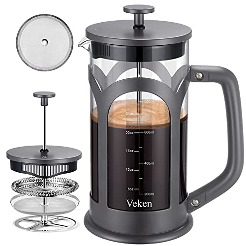 Book Cover Veken French Press Coffee & Tea Maker, 304 Stainless Steel Heat Resistant Borosilicate Glass Coffee Press with 4 Filter Screens, Durable Easy Clean 100% BPA Free, 34oz, Rose Gold
