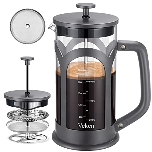 Veken French Press Coffee & Tea Maker, 304 Stainless Steel Heat Resistant Borosilicate Glass Coffee Press with 4 Filter Screens, Durable Easy Clean 100% BPA Free, 34oz, Rose Gold