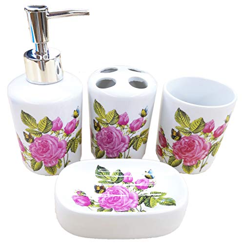 ROSE CREATE White Ceramic Flowers Bathroom Accessory Set, Liquid Soap or Lotion Dispenser Pump, Toothbrush Holder, Soap Dish and Tumbler, Toilet Brush Accessories Set, 4 Piece Bath Ensemble (Pink)