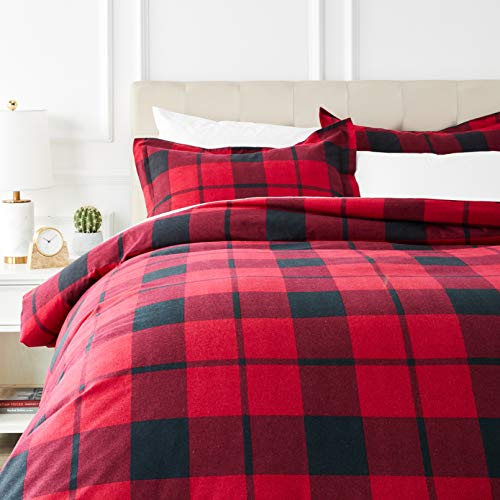 Amazon Basics 3-Piece Everyday Flannel Duvet Cover and 2 Pillow Sham Set, Full or Queen, Red Plaid