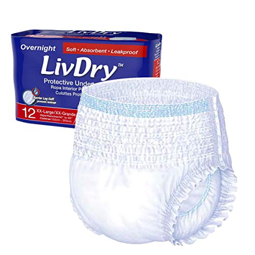 LivDry Adult XXL Incontinence Underwear, Overnight Comfort Absorbency, Leak Protection, XX-Large, 12-Pack