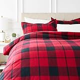 Amazon Basics 3-Piece Everyday Flannel Duvet Cover and 2 Pillow Sham Set, Full or Queen, Red Plaid