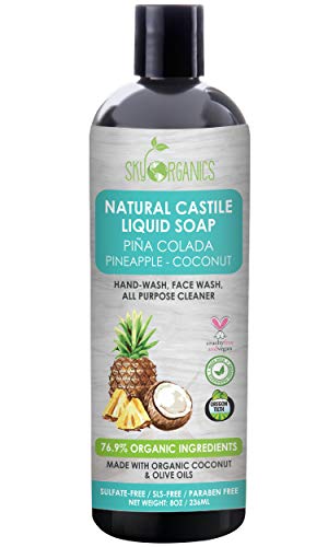 Castile Soap Organic Pina Colada by Sky Organics (8oz), Plant Based Liquid Soap and All Purpose Wash, Vegan & Cruelty-Free, Pineapple-Coconut Essential Oils Natural Body Wash Savon de Marseille