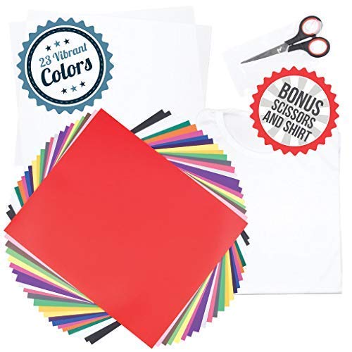 Heat Transfer Vinyl Sheets - 23 Pack | Free T-Shirt and Scissors Bundle HTV Assorted Colors | 10”X12” Extra Teflon, Black, White | Bonus Guide Iron on Cricut Press, Silhouette Cameo