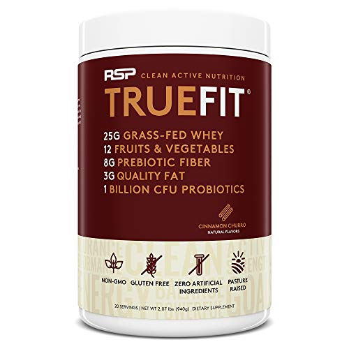 RSP TrueFit - Grass Fed Lean Meal Replacement Protein Shake, All Natural Whey Protein Powder with Fiber & Probiotics, Non-GMO, Gluten-Free & No Artificial Sweeteners, 2LB Churro (Packaging May Vary)