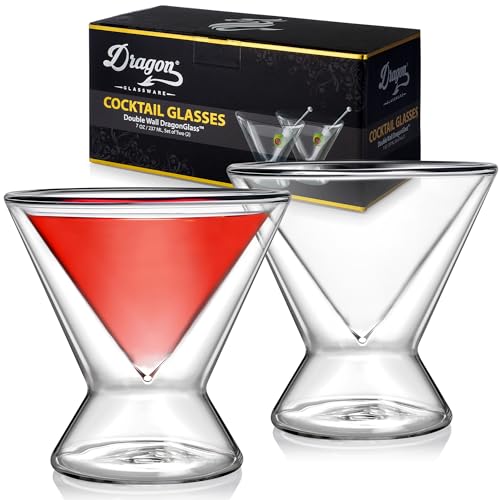 Dragon Glassware Martini Glasses, Stemless Clear Double Wall Insulated Cocktail Glass, Unique and Fun Gift for Espresso Martini Lovers, Keeps Drinks Cold Longer, 7 oz Capacity, Set of 2