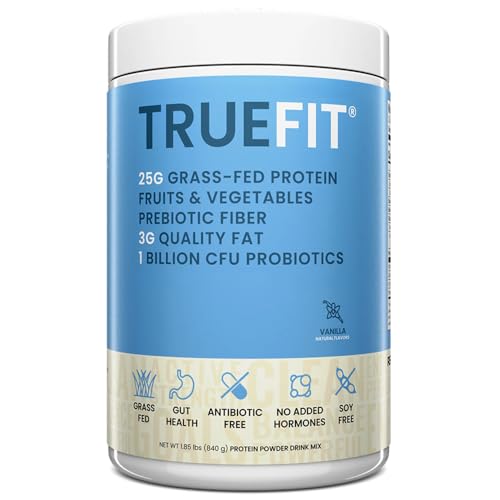 TrueFit High Fiber Protein Powder, Grass-Fed Whey Meal Replacement Shake with Prebiotics, Probiotics, & Organic Superfoods, Keto Friendly, Gluten Free