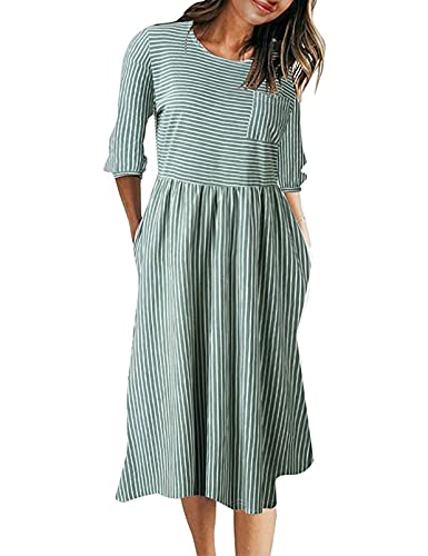 MEROKEETY Women's 3/4 Balloon Sleeve Striped High Waist T Shirt Midi Dress with Pockets