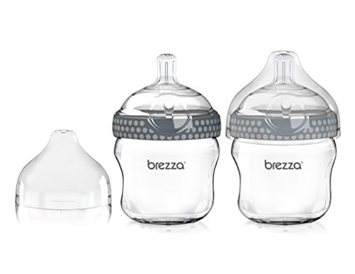 Baby Brezza Two Piece Natural Glass Bottle with Lid - Ergonomic, Wide Neck Design Makes it The Easiest to Clean - Modern Look - Anti-Colic, 5 Ounce Size - 2 Bottles, Grey