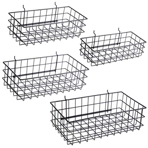 Right Arrange – Pegboard Baskets, Set of 4 Black - Hooks to Any Peg Board - Square Style Wire Shelf Baskets - Organize Tools, Workbench, Accessories, Garage Storage - Wall Organizer Attachments